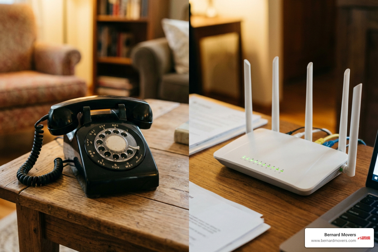 traditional landline phone and modern fiber VoIP router