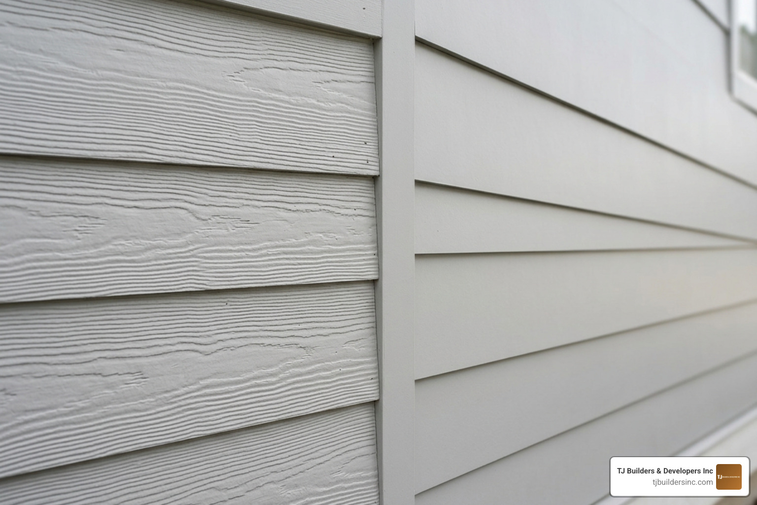Close-up side-by-side comparison of Cedarmill woodgrain texture and smooth fiber cement lap siding finishes
