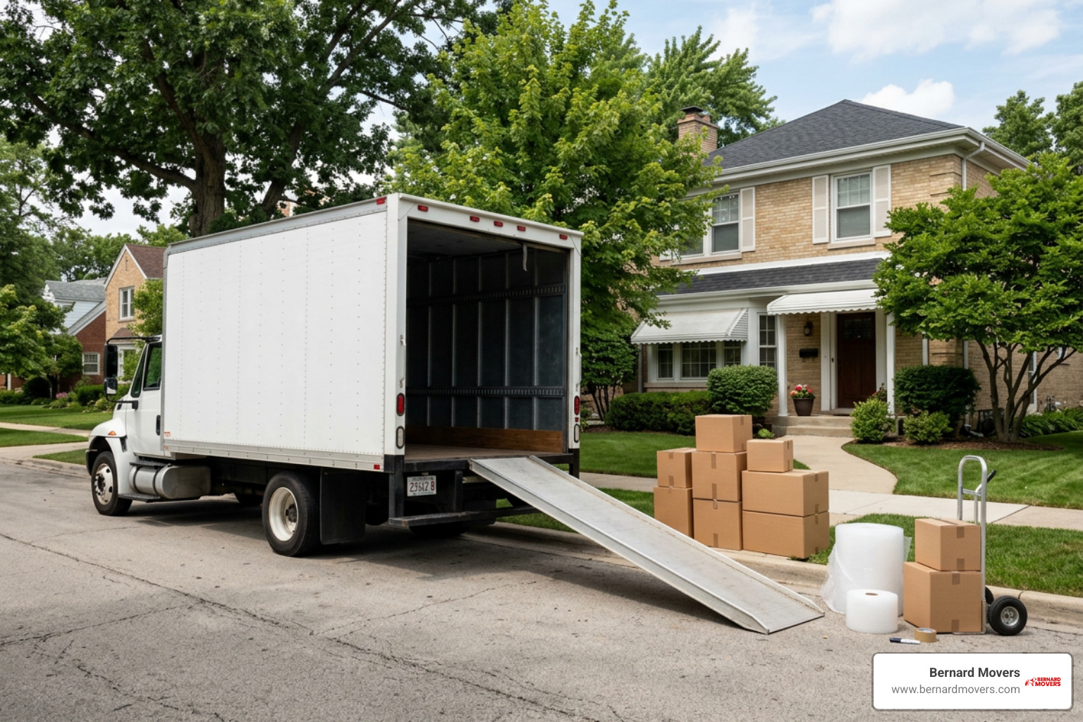 Moving truck parked in front of an Illinois residential building ready for loading