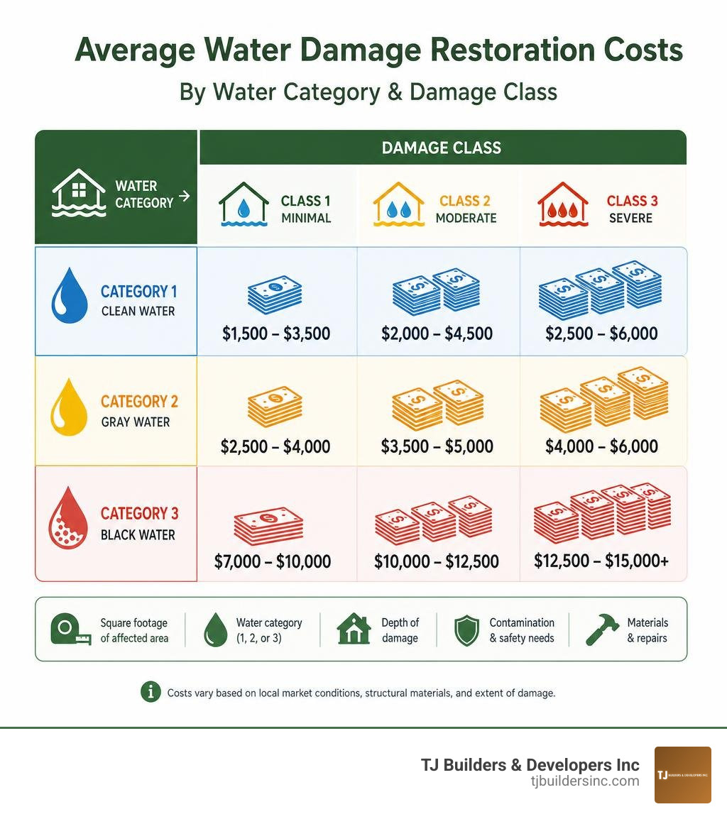 Table comparing average water damage restoration costs by water category and damage class infographic Table comparing average water damage restoration costs by water category and damage class infographic