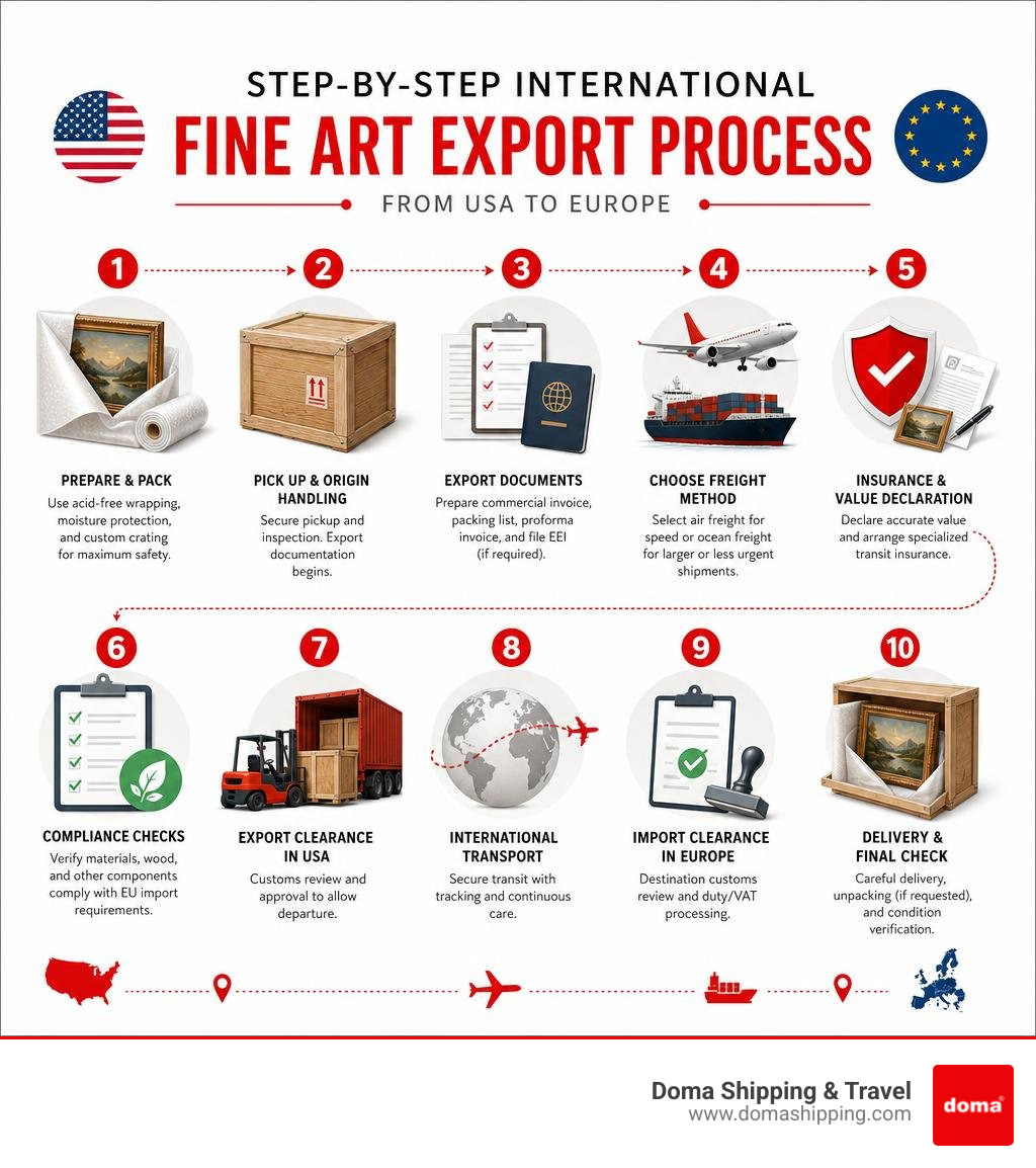 Step-by-step international fine art export process from USA to Europe infographic Step-by-step international fine art export process from USA to Europe infographic