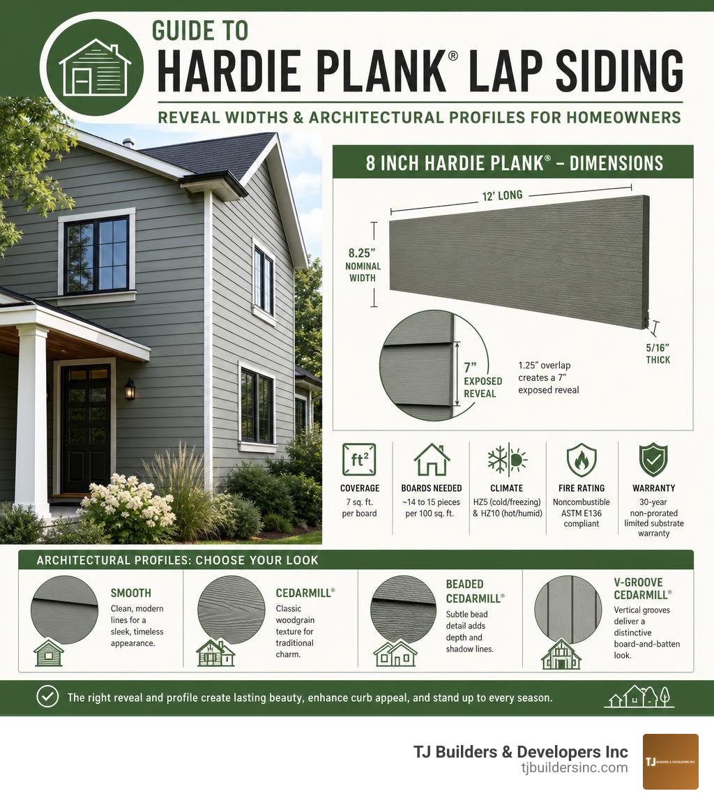 Guide to Hardie Plank lap siding reveal widths and architectural profiles for homeowners infographic