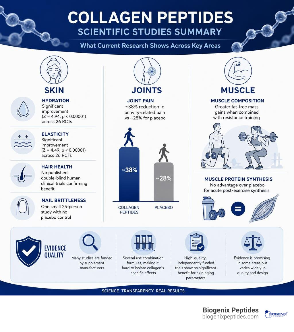 Summary infographic of collagen peptides scientific studies findings across skin, joints, and muscle infographic