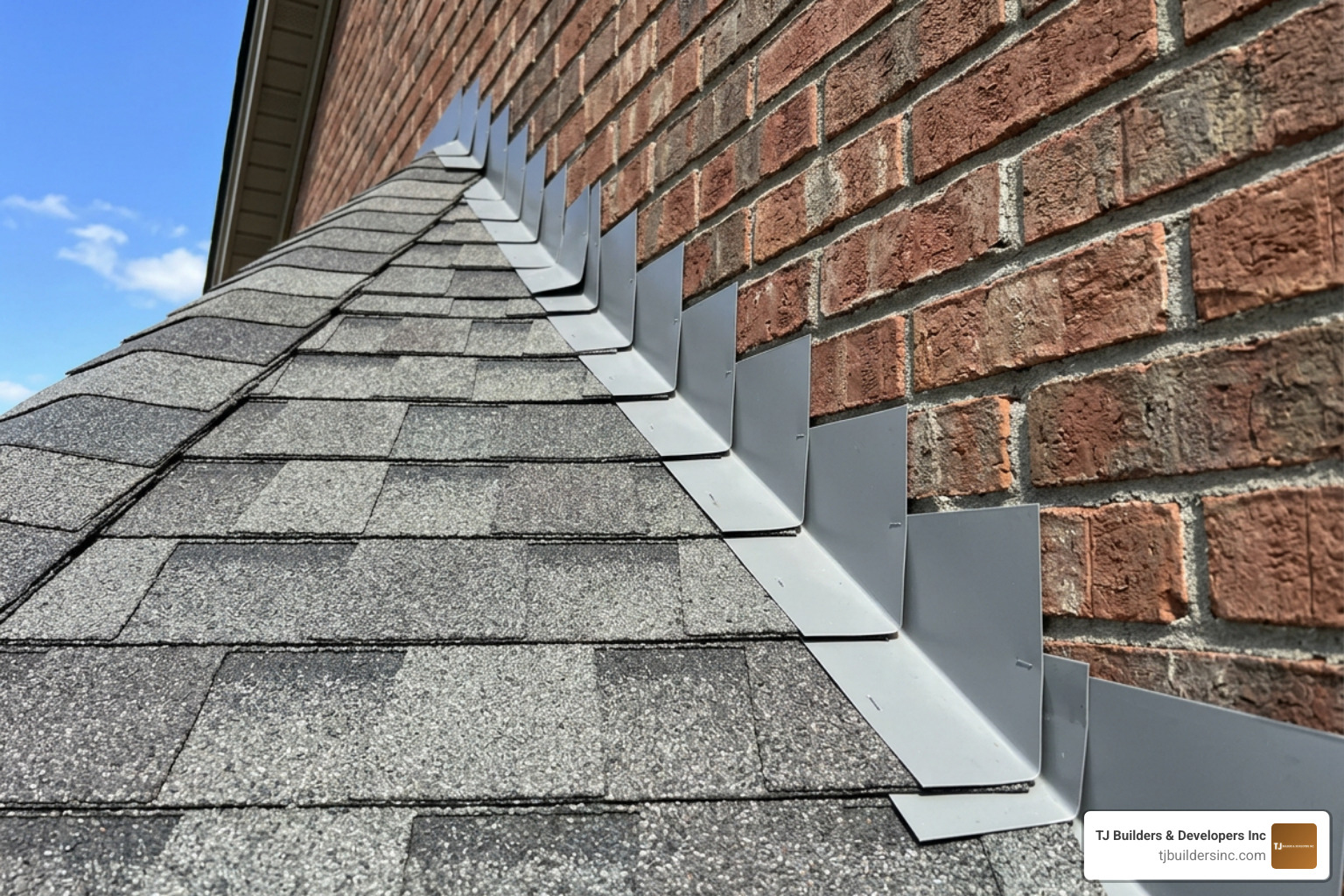 Continuous step flashing installation on a pitched bay roof Continuous step flashing installation on a pitched bay roof