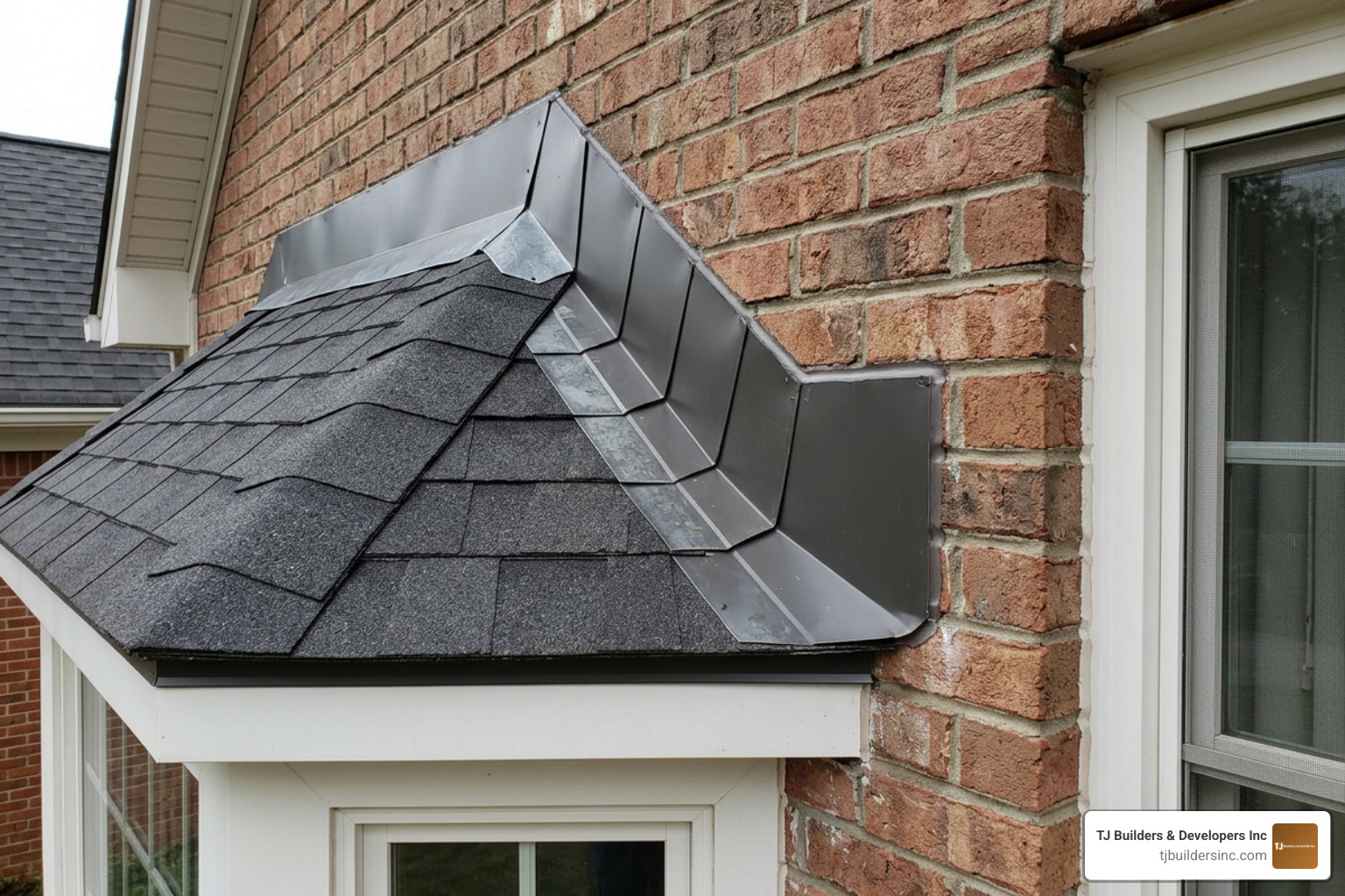 Roof to wall flashing junction on a bay window Roof to wall flashing junction on a bay window