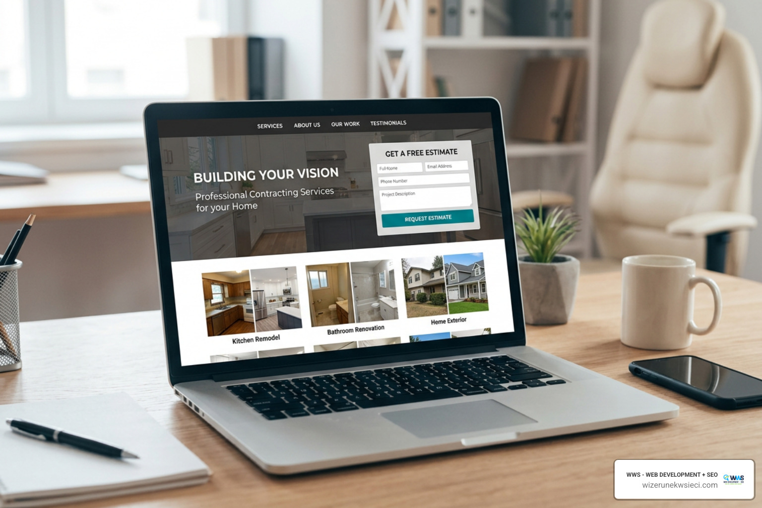 high-converting contractor website showing estimate forms and project portfolio