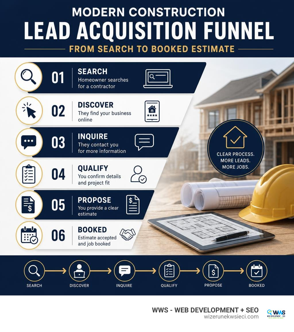 Modern construction lead acquisition funnel from search to booked estimate infographic