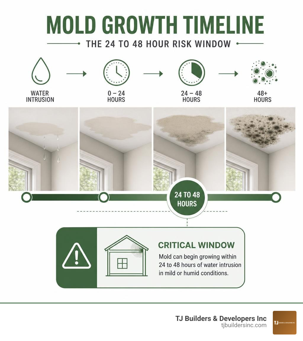 Mold growth timeline infographic showing 24 to 48 hour risk window infographic Mold growth timeline infographic showing 24 to 48 hour risk window infographic