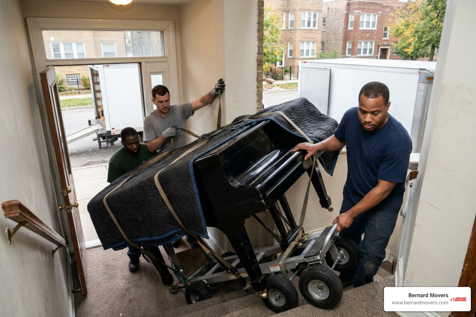 Specialized equipment used for piano moving Chicago including heavy-duty dollies and padded blankets