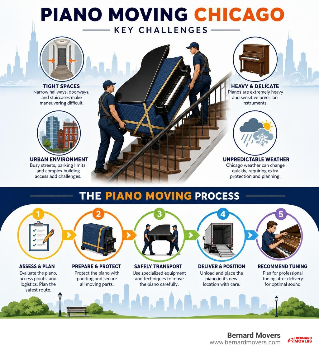 Key challenges and steps involved in piano moving Chicago infographic