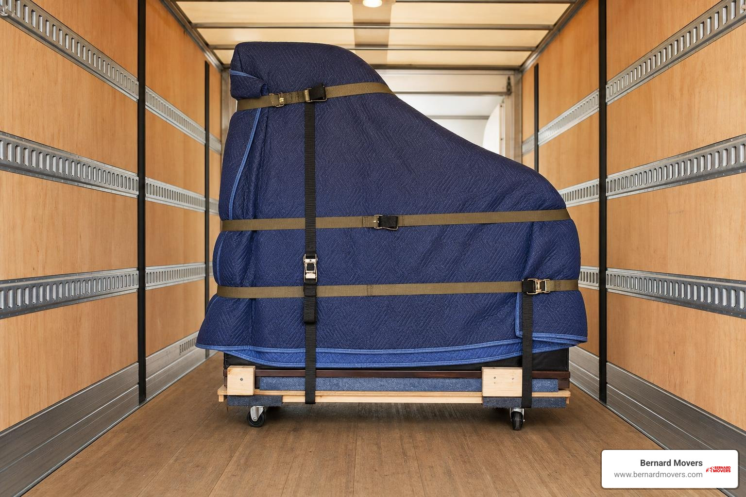 Piano safely wrapped and strapped inside a secure moving truck