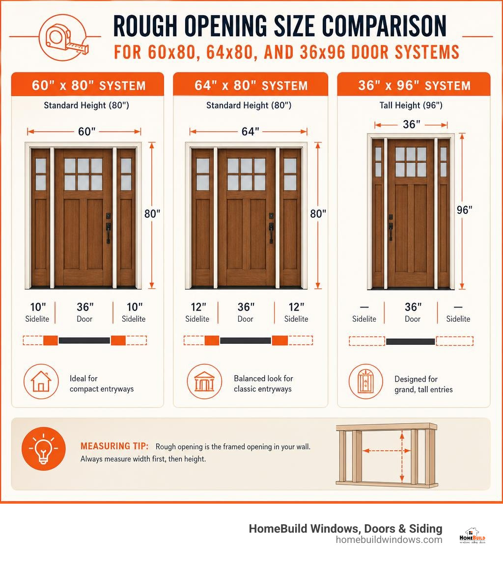 Chart comparing rough opening sizes for 60x80, 64x80, and 36x96 door systems infographic