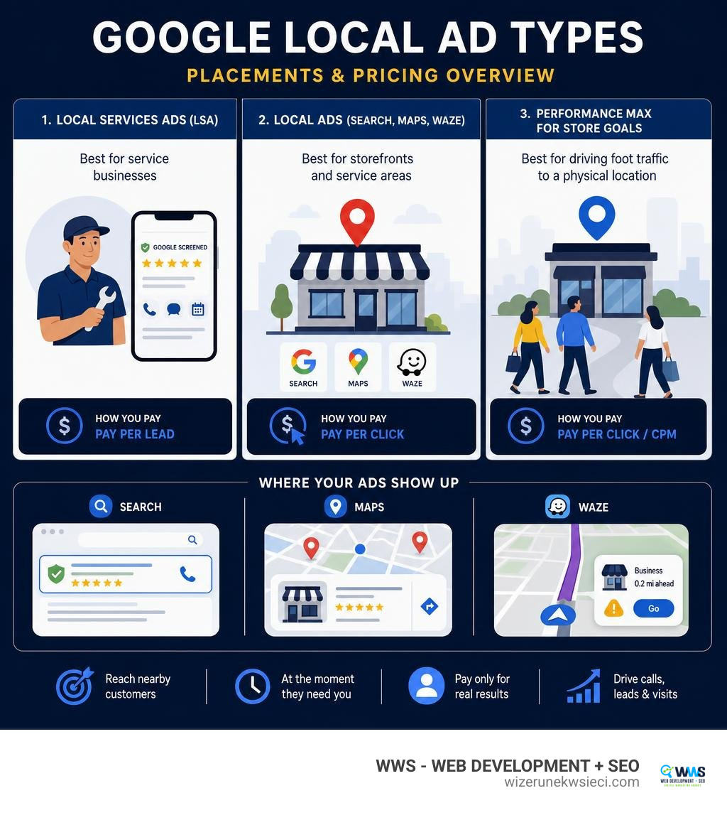 Overview infographic of Google local ad types placements on Search Maps and Waze with pricing models infographic