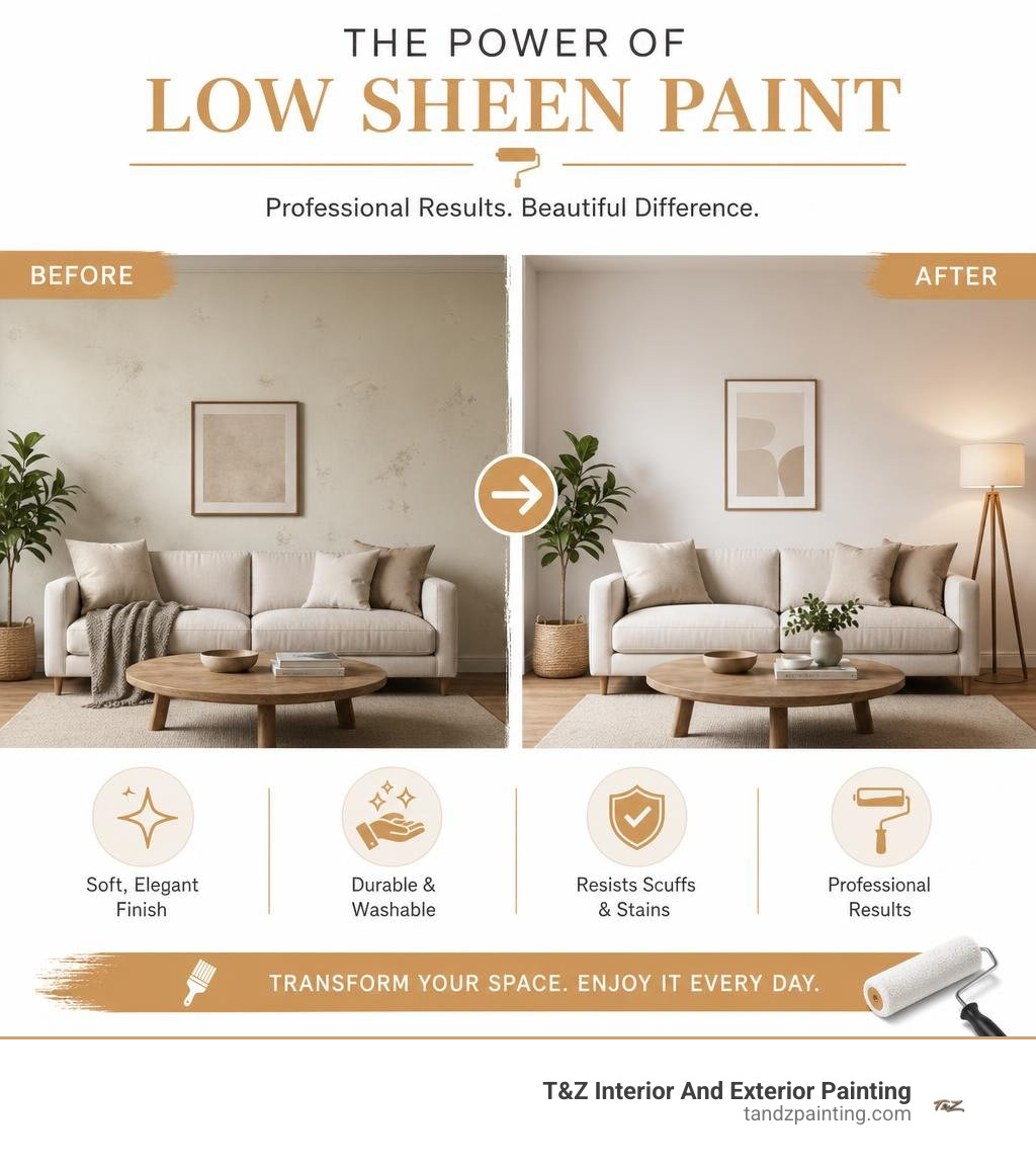 Before and after graphic highlighting interior transformation with professional low sheen painting infographic