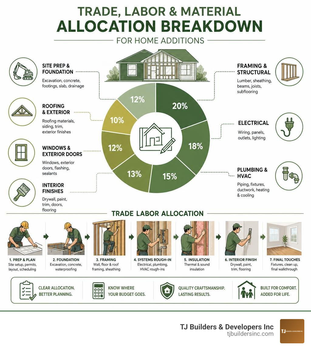 Detailed trade labor and material allocation breakdown for home additions infographic