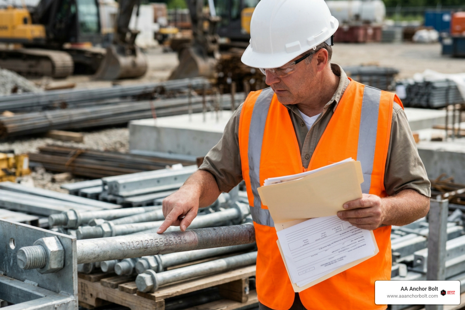 Inspector checking physical anchor bolt heat numbers against paper certification package Inspector checking physical anchor bolt heat numbers against paper certification package