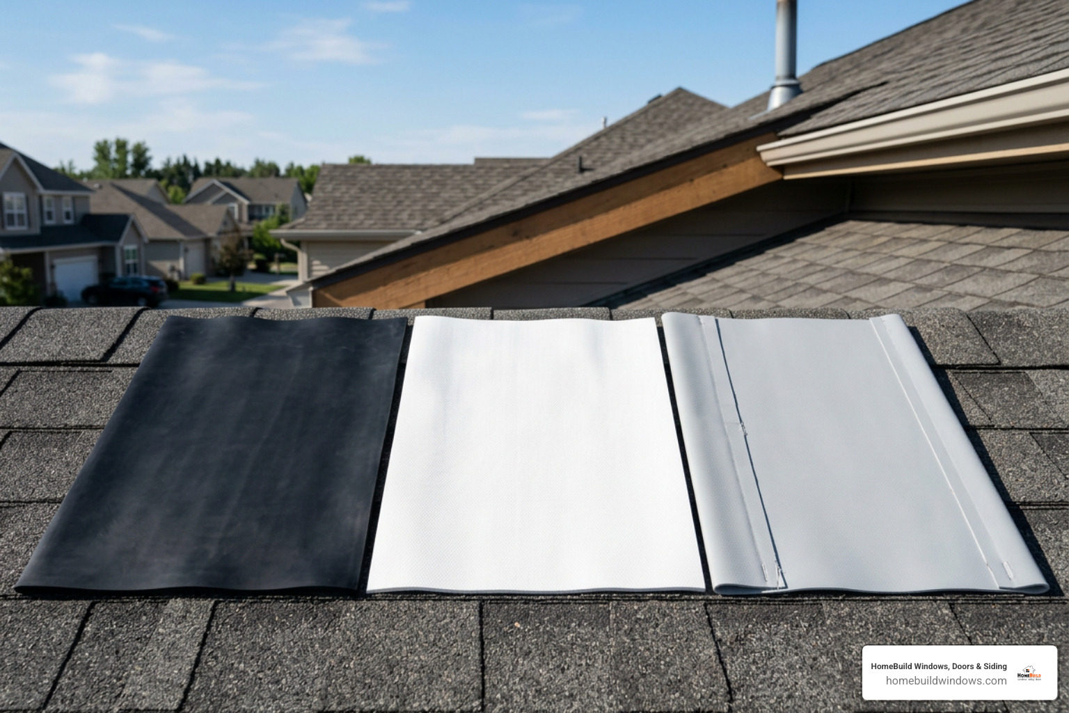 EPDM, TPO, and PVC synthetic rubber membrane material samples