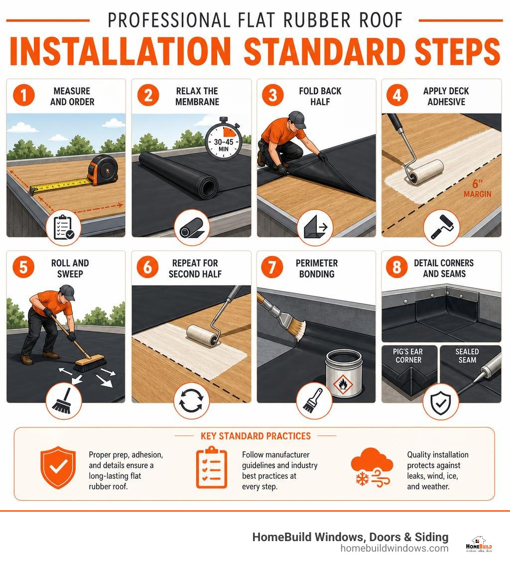 Infographic displaying professional flat rubber roof installation standard steps infographic