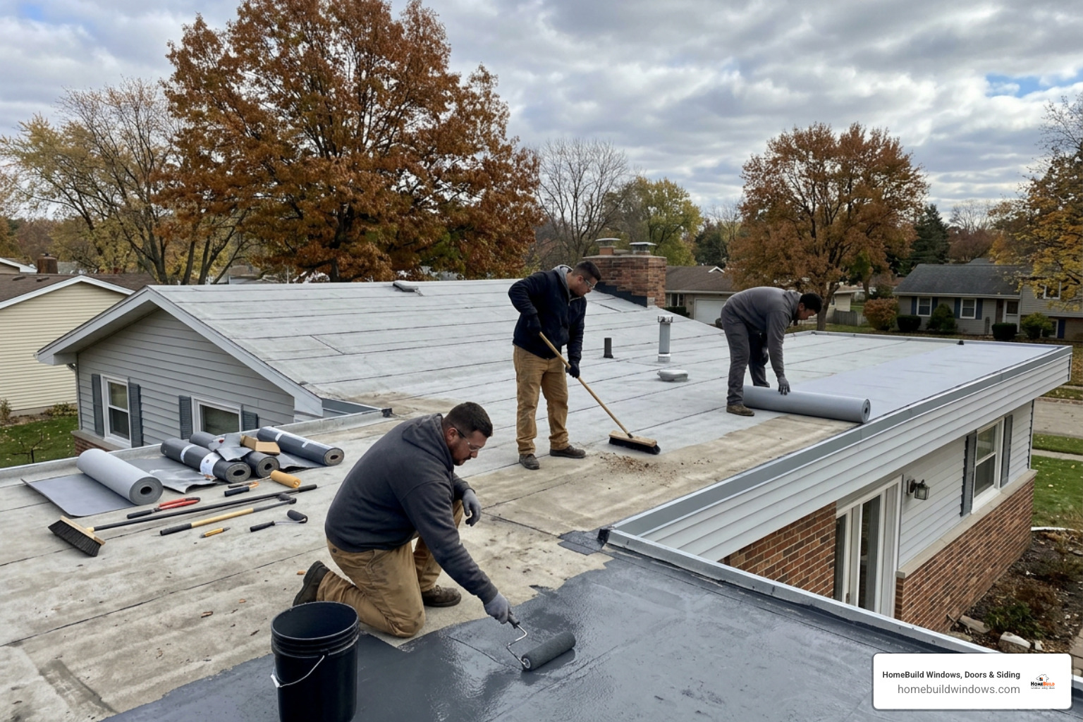 Professional roofing contractors prepping a residential flat roof deck in Midwest weather