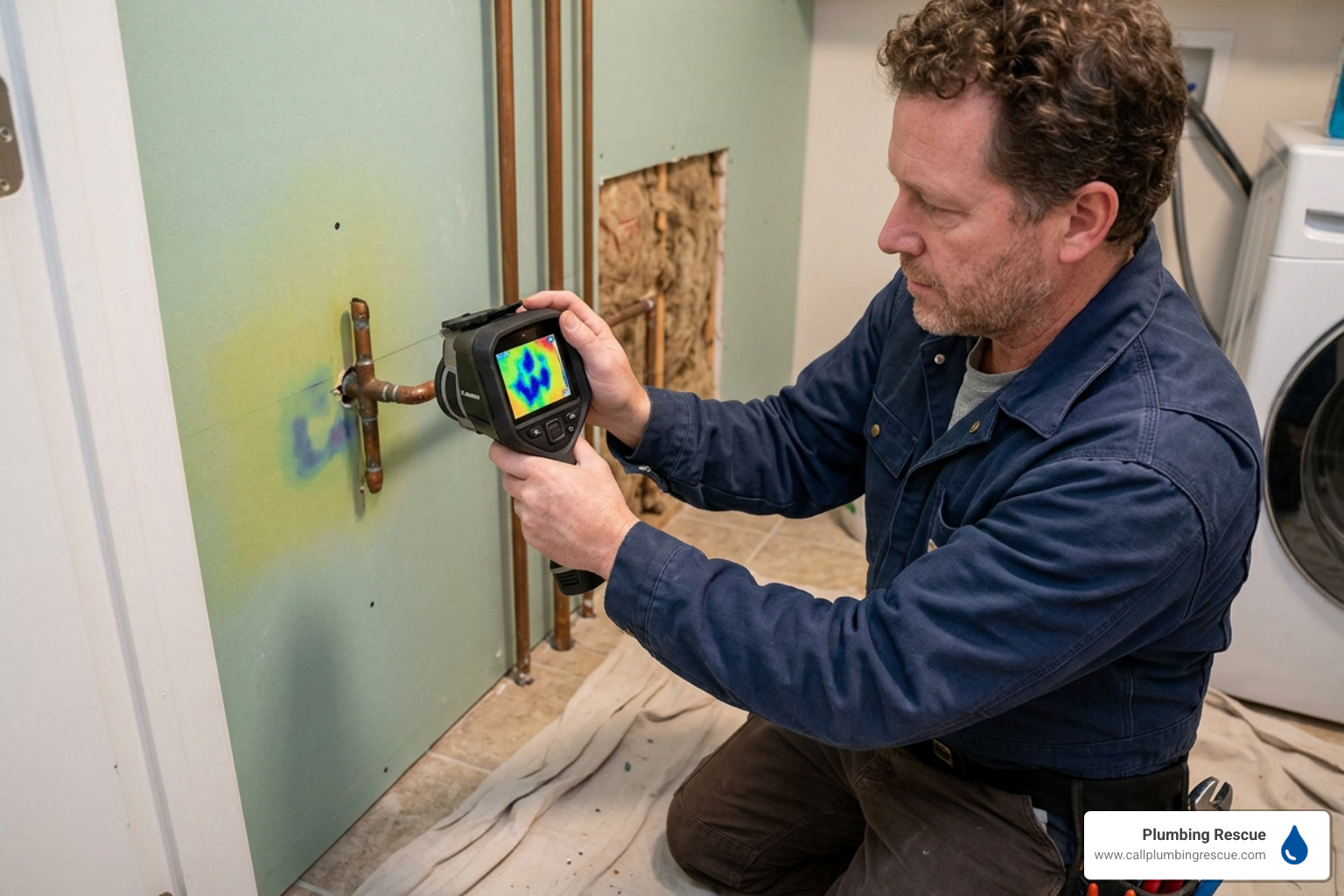 Thermal imaging camera detecting hidden pipe leak behind drywall Thermal imaging camera detecting hidden pipe leak behind drywall