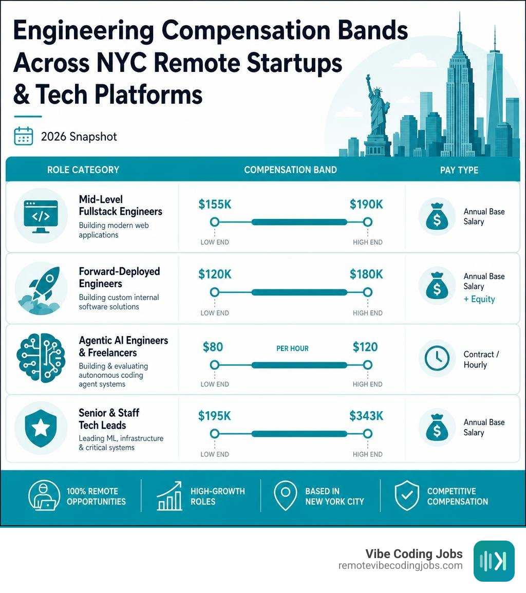Engineering compensation bands across NYC remote startups and tech platforms infographic