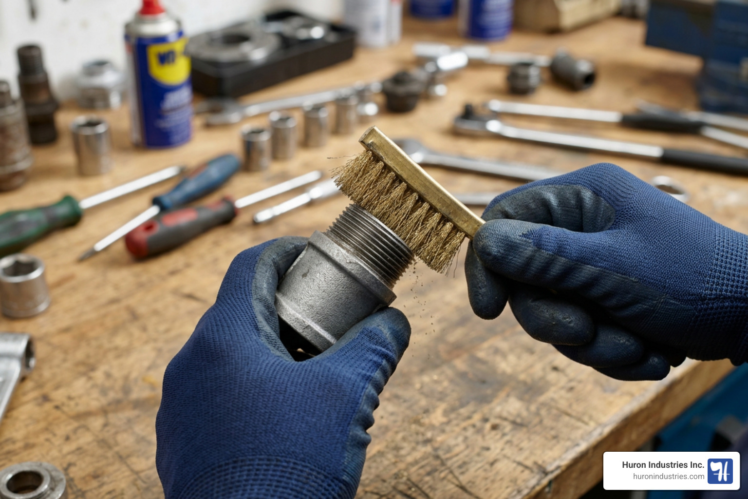 Technician cleaning male pipe threads with a soft wire brush before applying tape