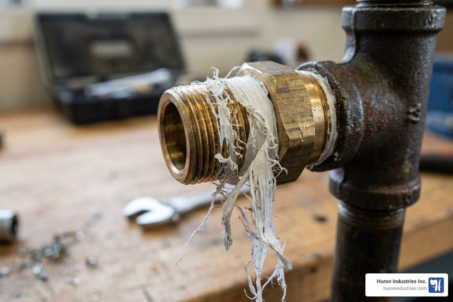Close-up of shredded PTFE tape caused by first-thread overhang and improper wrapping technique
