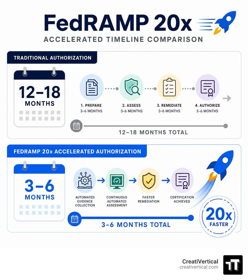 FedRAMP 20x accelerated timeline comparison chart showing traditional 12-18 months vs 20x 3-6 months infographic FedRAMP 20x accelerated timeline comparison chart showing traditional 12-18 months vs 20x 3-6 months infographic