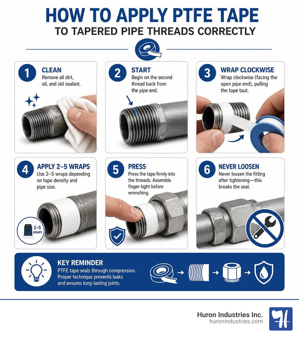Step-by-step infographic: how to apply PTFE tape to tapered pipe threads correctly infographic