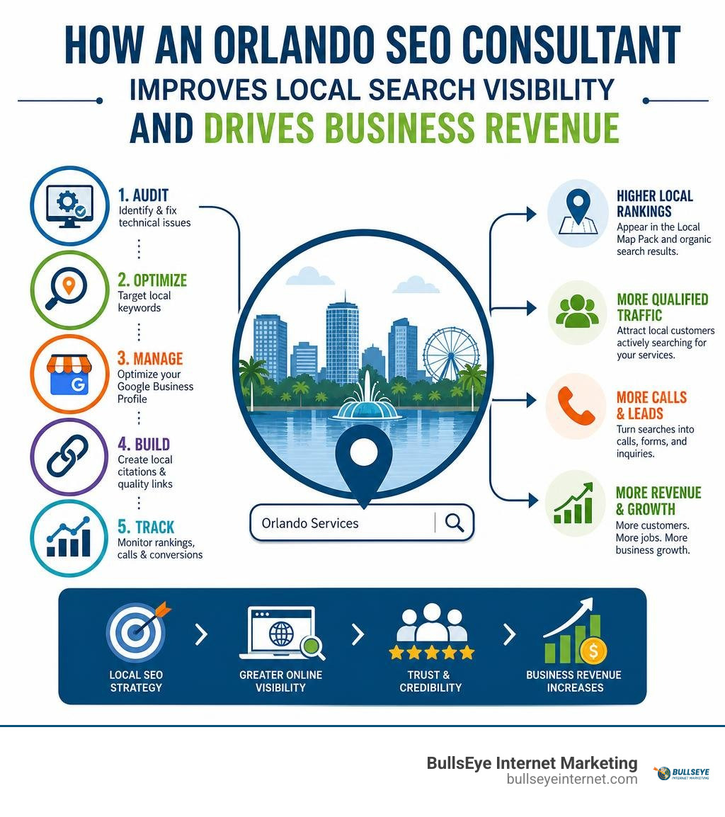 Orlando SEO consultant infographic illustrating local search visibility and revenue growth.