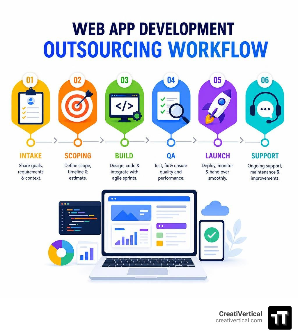 Web app development outsourcing workflow: intake, scoping, build, QA, launch, support infographic