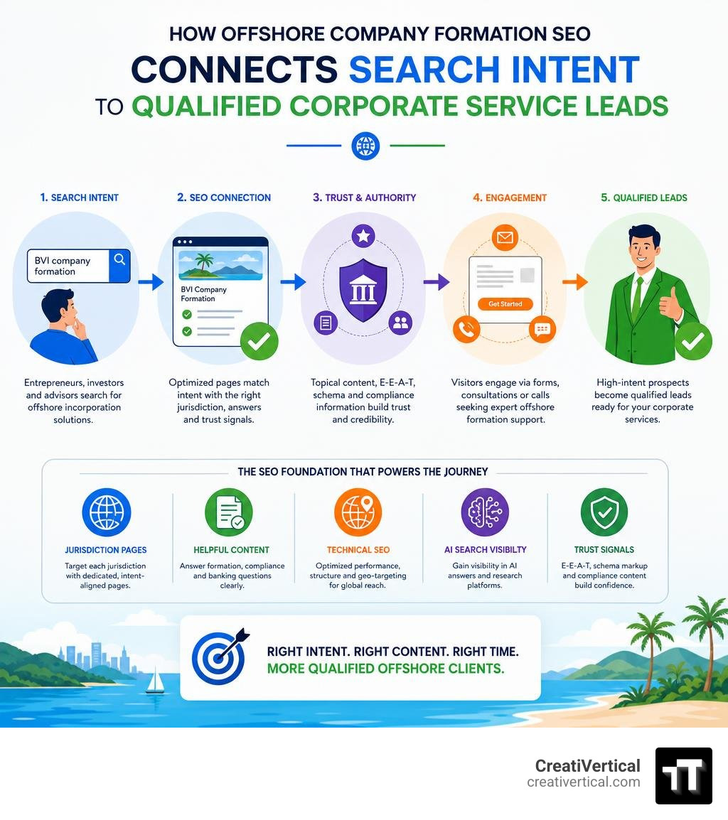 How offshore company formation SEO connects search intent to qualified corporate service leads infographic