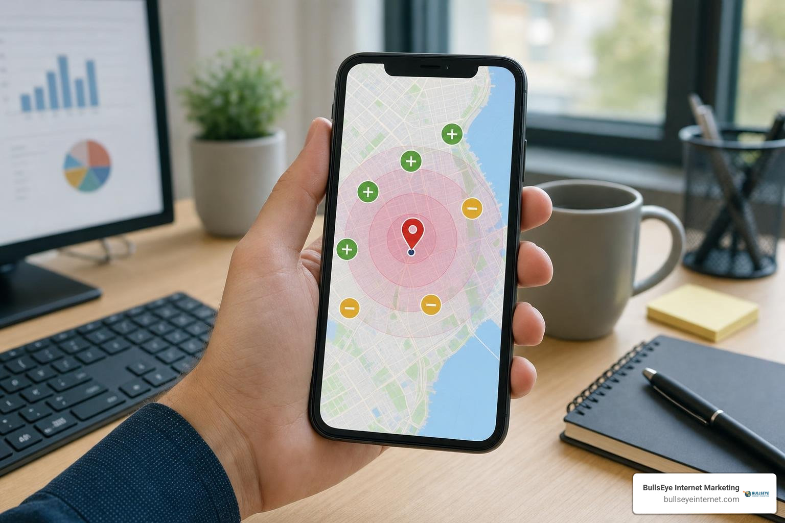 Digital map overlay illustrating venue radius targeting and geographic bid adjustments