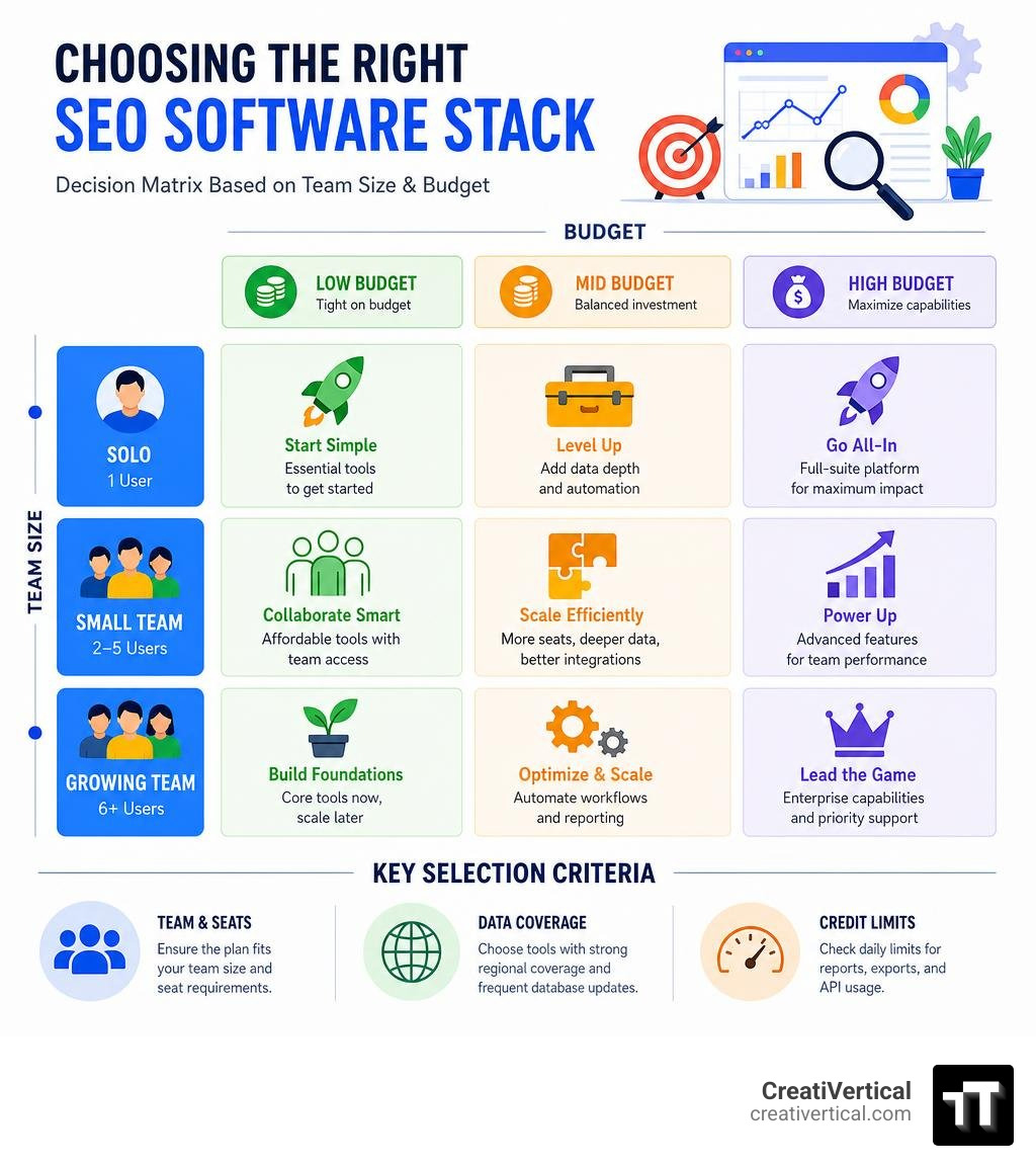 Infographic decision matrix for selecting the right SEO software stack based on team size and budget infographic