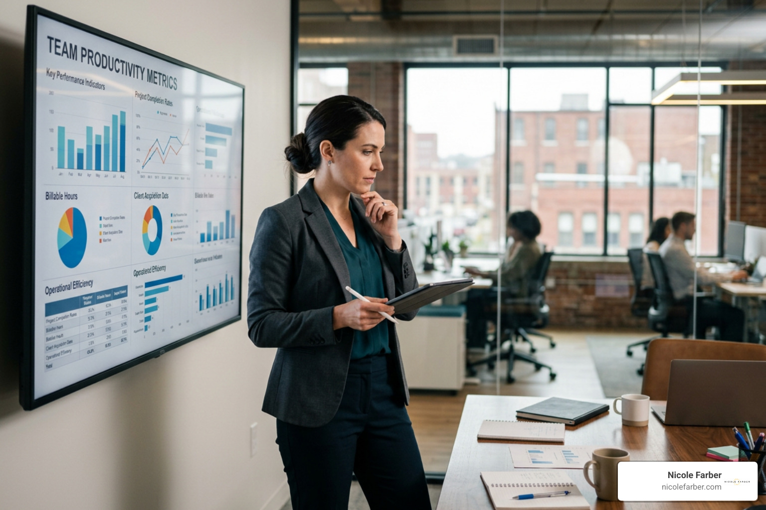 Law firm operations manager analyzing team productivity metrics in Wilkes-Barre office Law firm operations manager analyzing team productivity metrics in Wilkes-Barre office
