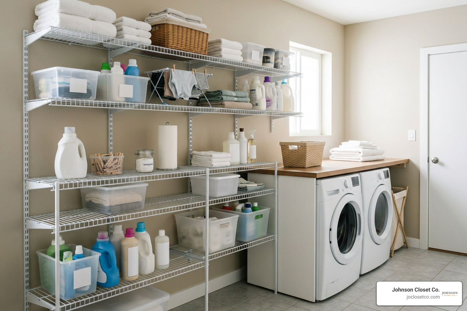 Wire shelving installed in a laundry room utility space Wire shelving installed in a laundry room utility space
