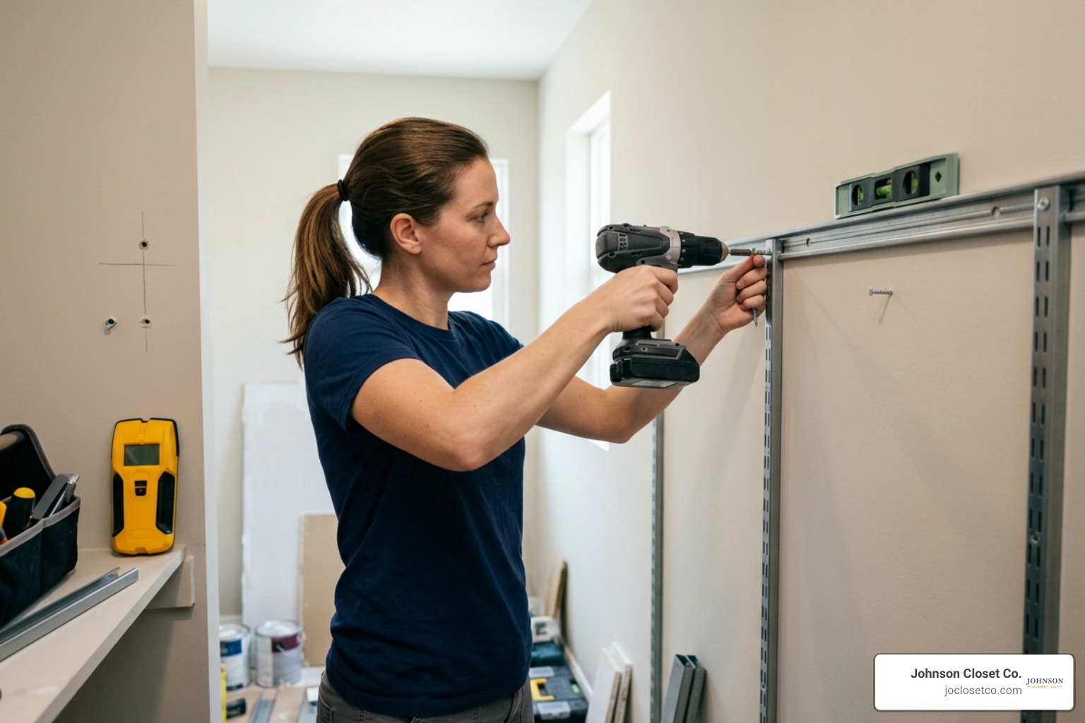 Drilling wall anchors and mounting steel top rail for closet shelving