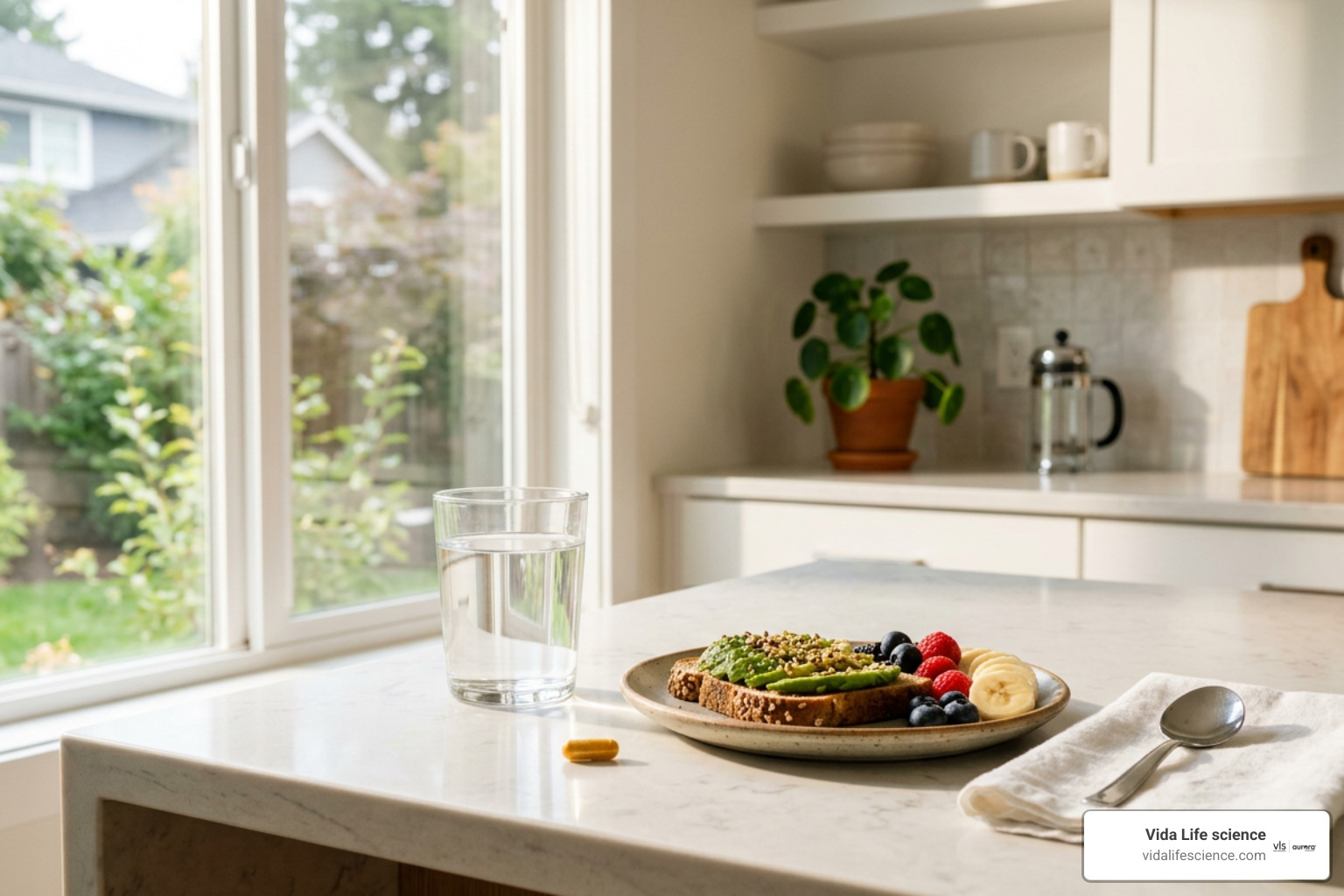 Supplement intake routine showing morning capsule schedule alongside breakfast and glass of water