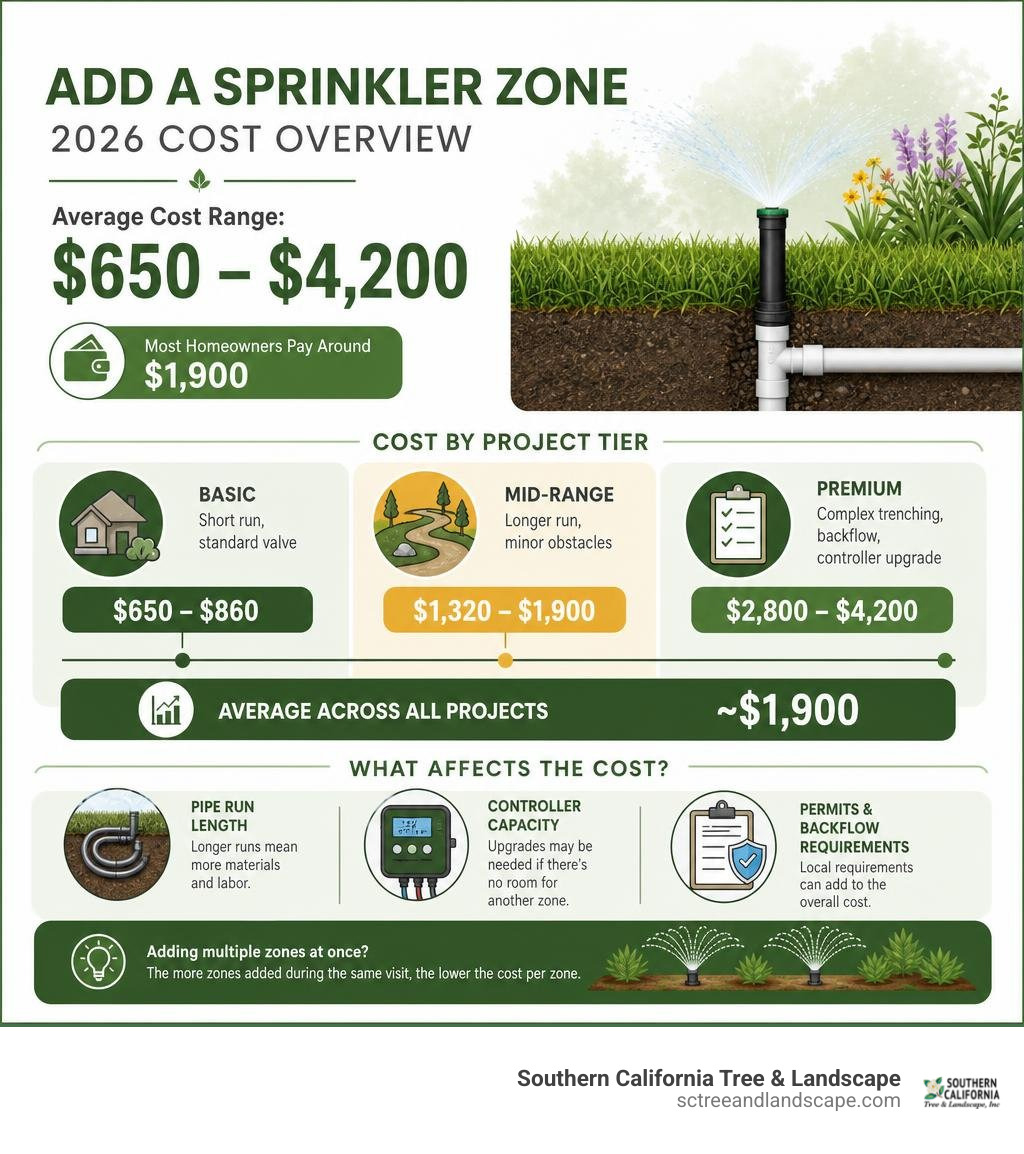 Infographic showing average cost ranges for adding a sprinkler zone, broken down by project tier and cost components