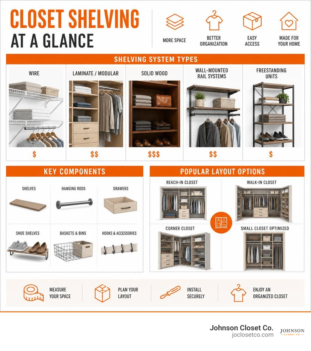 Closet shelving system types, components, and layout options infographic infographic
