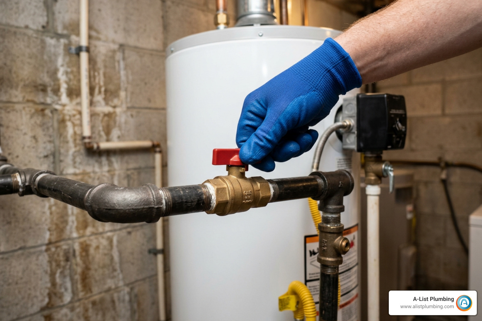 Technician examining a manual gas shutoff valve lever on a residential water heater Technician examining a manual gas shutoff valve lever on a residential water heater