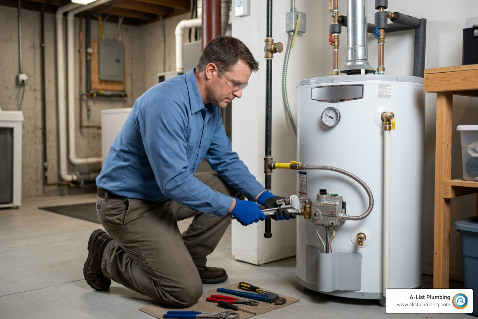 Licensed plumber servicing a residential gas water heater control valve safely Licensed plumber servicing a residential gas water heater control valve safely