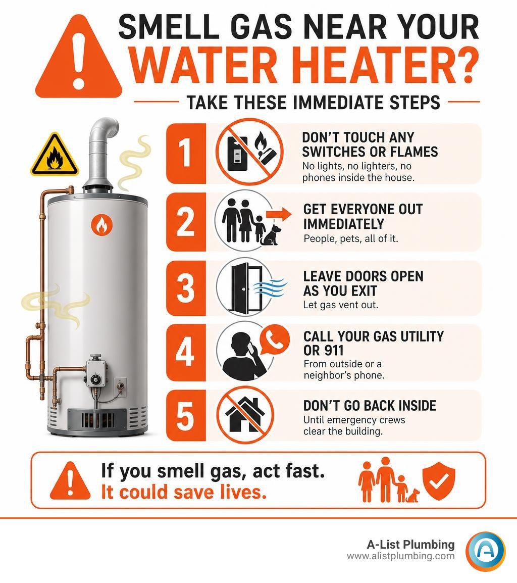 Immediate steps infographic when smelling gas near a water heater at home infographic Immediate steps infographic when smelling gas near a water heater at home infographic