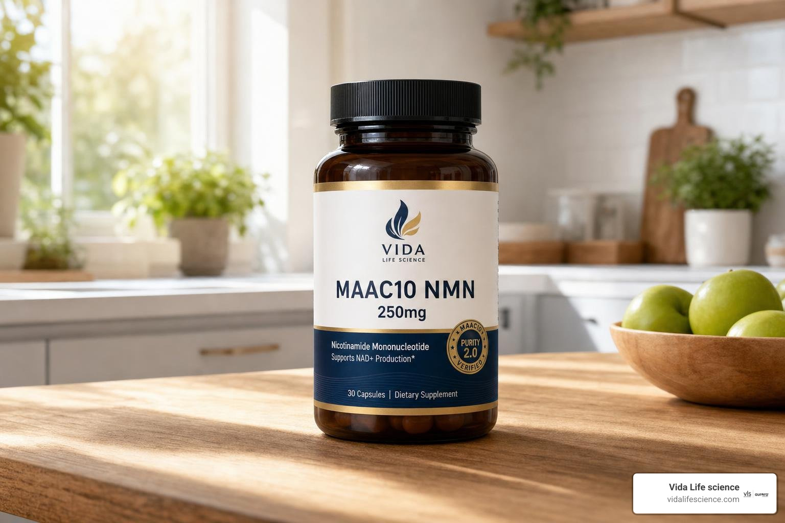 Detailed view of MAAC10 NMN 250mg supplement bottle specifications, purity seal, and product details