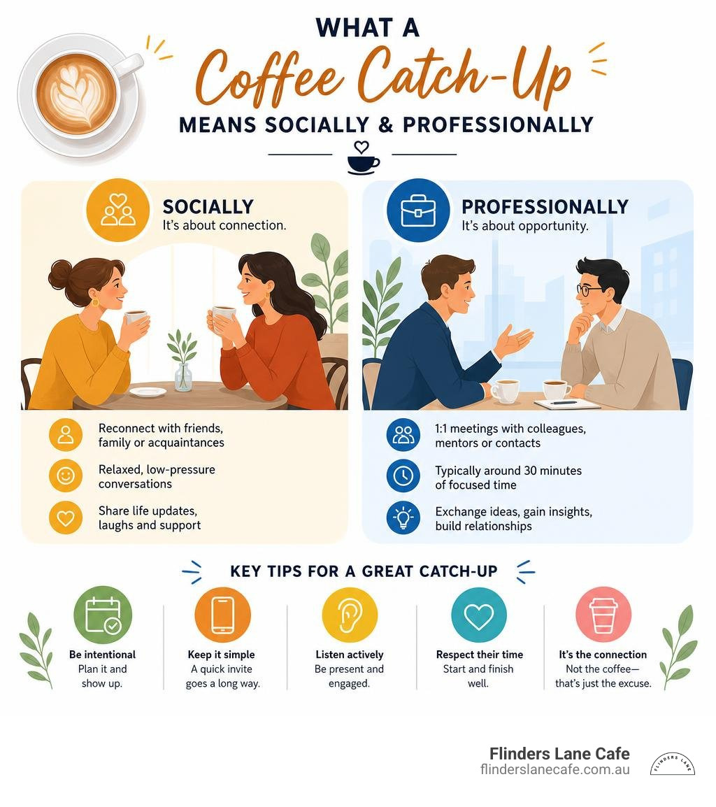 infographic showing what a coffee catch-up means socially and professionally with key tips infographic