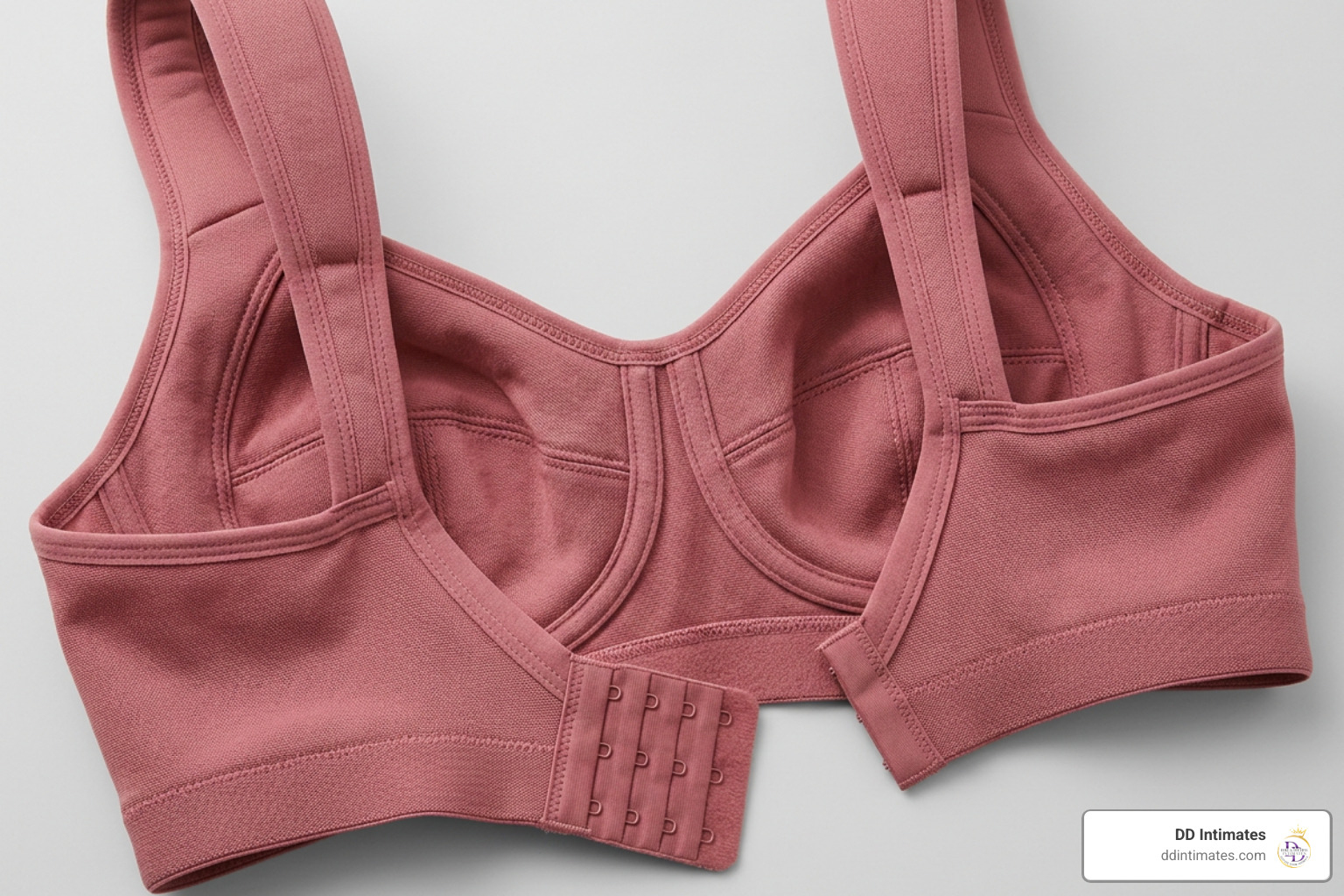 Supportive bra construction features including wide padded straps, seamed cups, and 3-hook back band