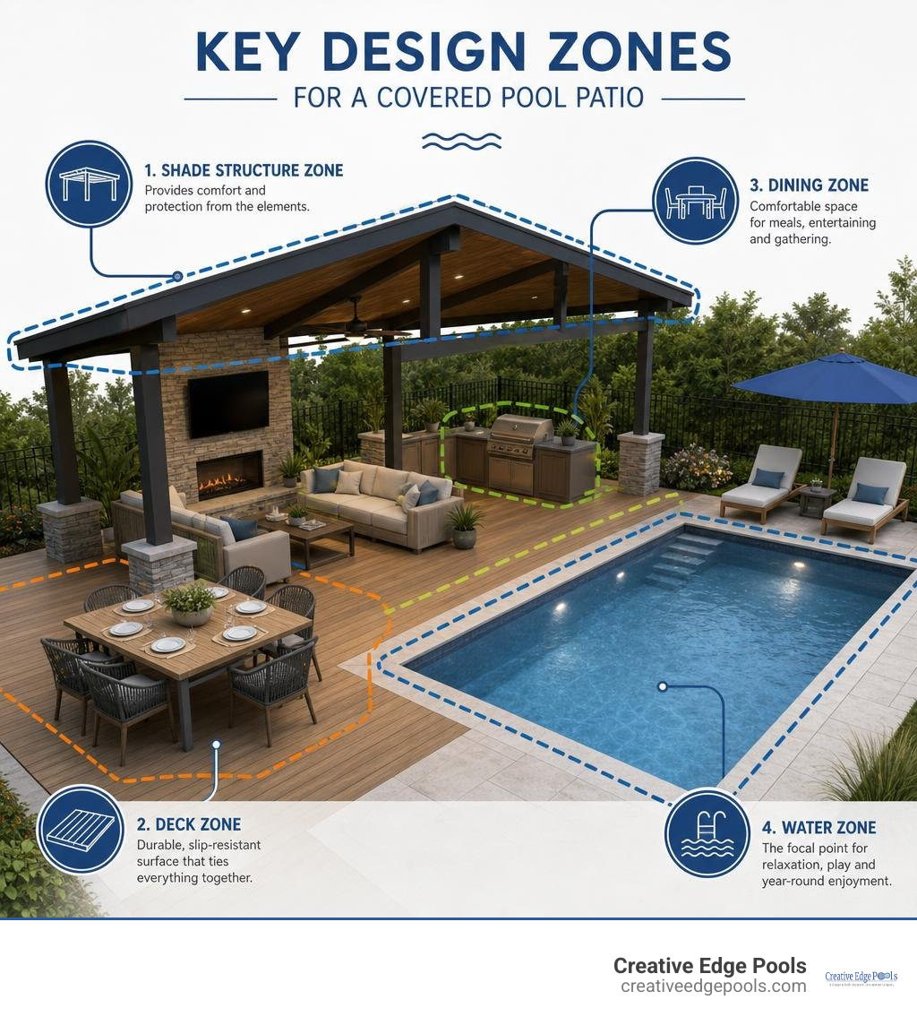 Key design zones for a covered pool patio: shade structure, deck, dining, and water zones infographic Key design zones for a covered pool patio: shade structure, deck, dining, and water zones infographic