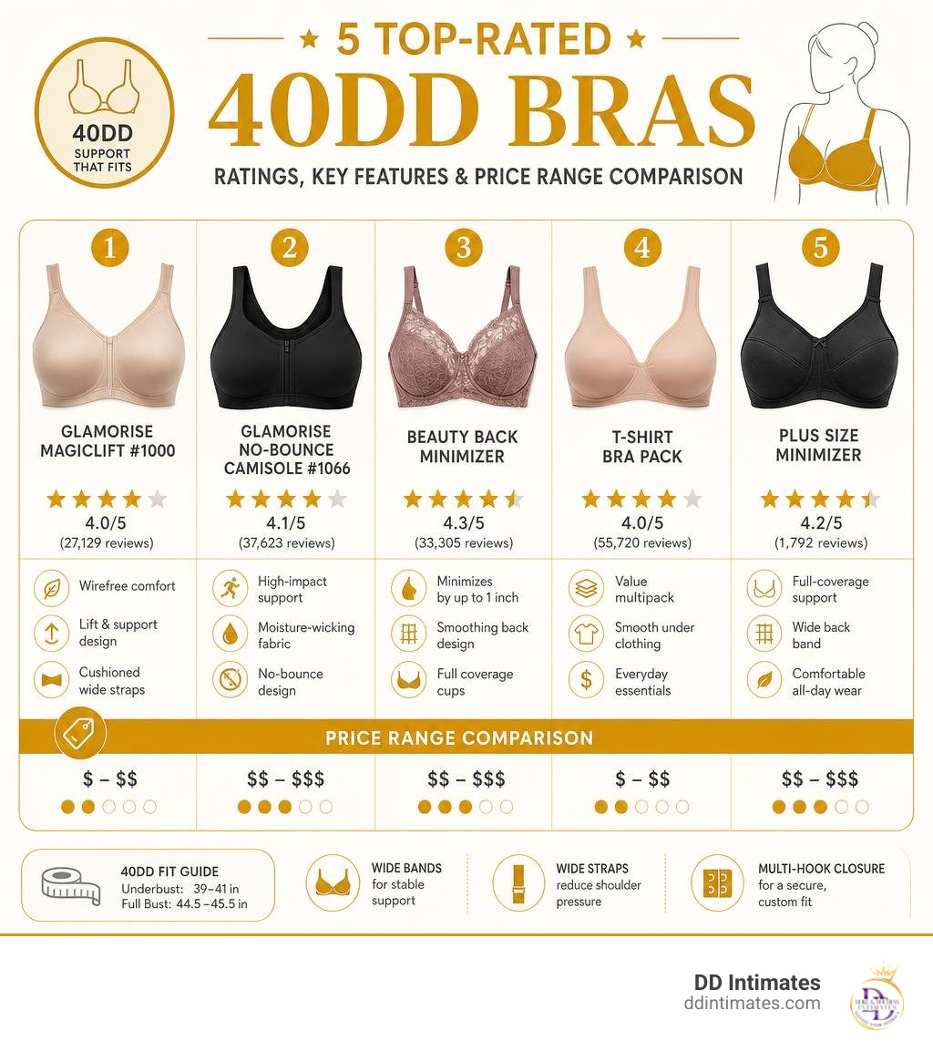 Infographic: 5 top-rated 40DD bras with ratings, key features, and price range comparison infographic