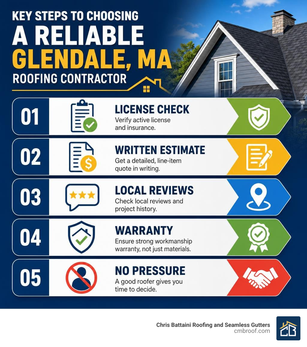 Key steps to choosing a reliable Glendale MA roofing contractor: license check, written estimate, local reviews, warranty