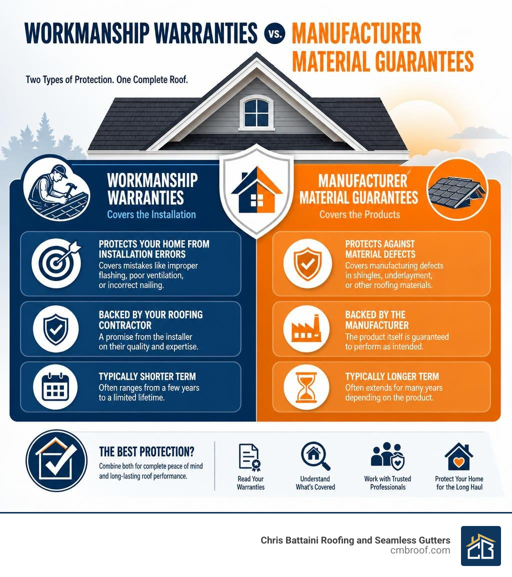 Evaluating workmanship warranties vs manufacturer material guarantees for residential roof protection infographic
